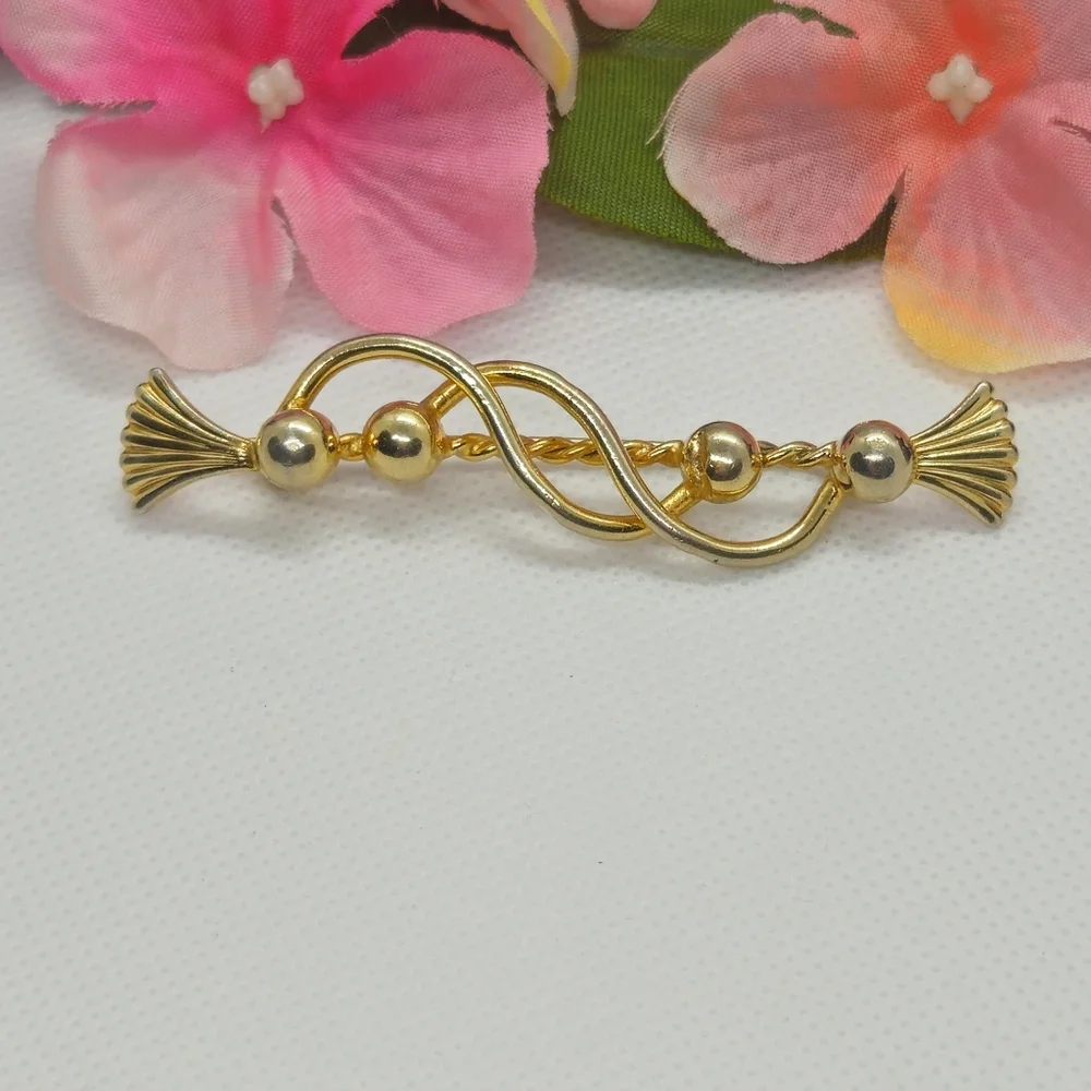 Vintage Gold Tone Swirl & Ball Bar Designer Brooch or Pin